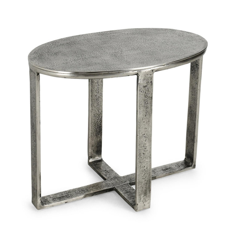 Hand-Brushed Silver Oval Metal End Table