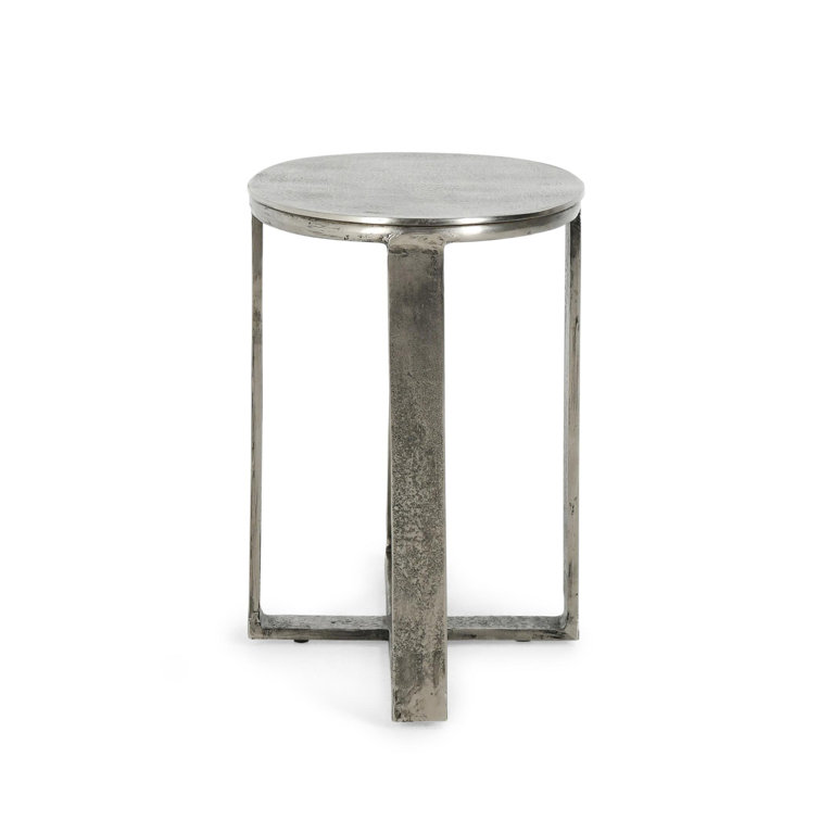 Hand-Brushed Silver Oval Metal End Table