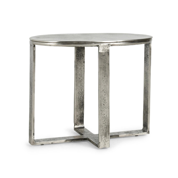 Hand-Brushed Silver Oval Metal End Table