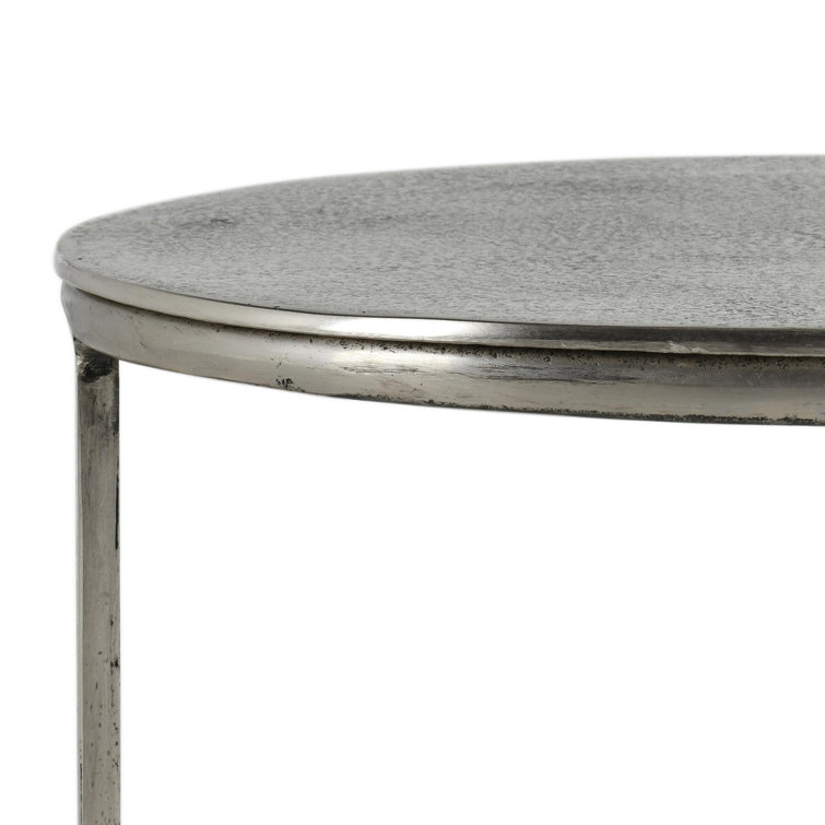 Hand-Brushed Silver Oval Metal End Table
