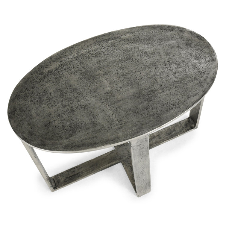 Hand-Brushed Silver Oval Metal End Table