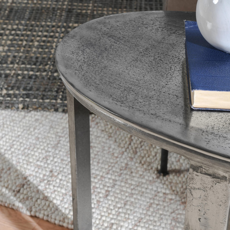 Hand-Brushed Silver Oval Metal End Table