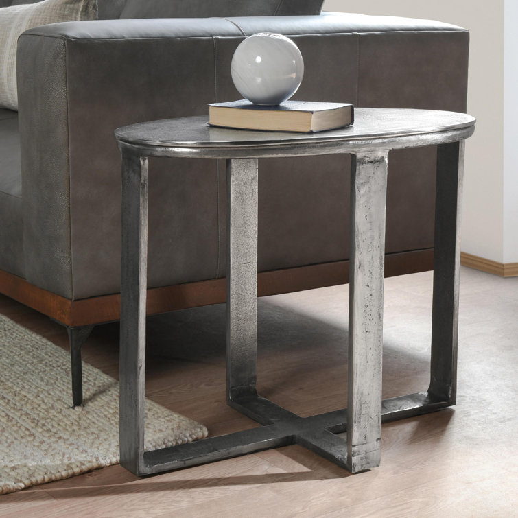Hand-Brushed Silver Oval Metal End Table