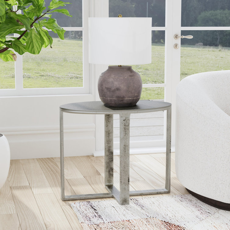 Hand-Brushed Silver Oval Metal End Table