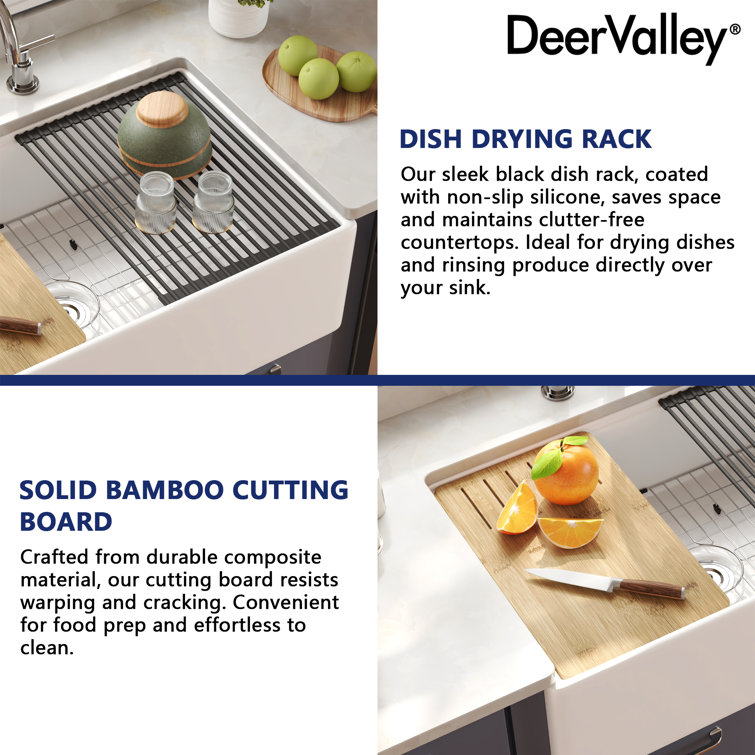 33"L x 20"W Farmhouse Kitchen Sink Deep Single Bowl Fireclay Workstation Sink with Cutting Board and Dish Drying Rack