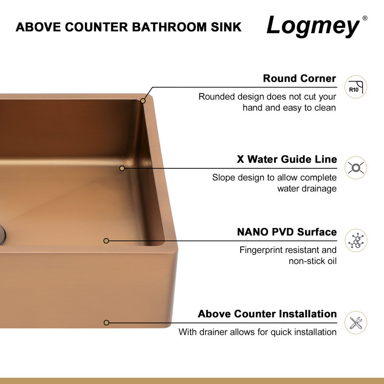 19" Rose Gold Stainless Steel Rectangular Bathroom Sink with Pop-Up Drain