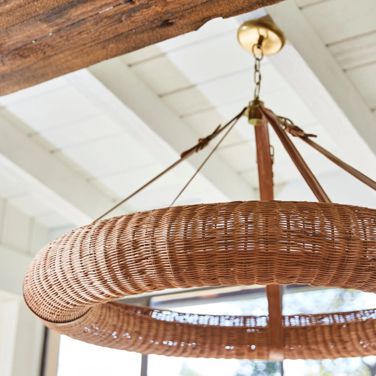 Natural Rattan and Brass Halo Chandelier with Leather Straps