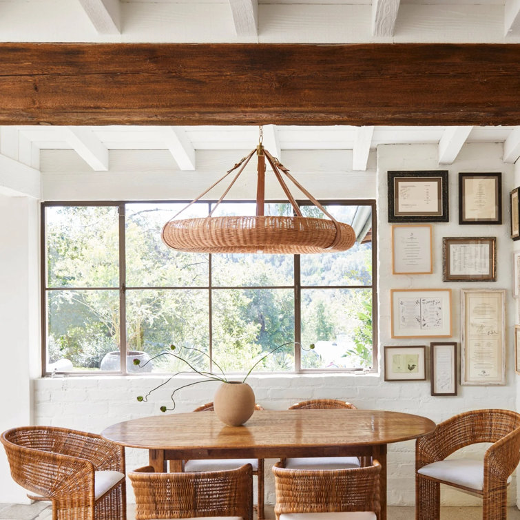 Natural Rattan and Brass Halo Chandelier with Leather Straps