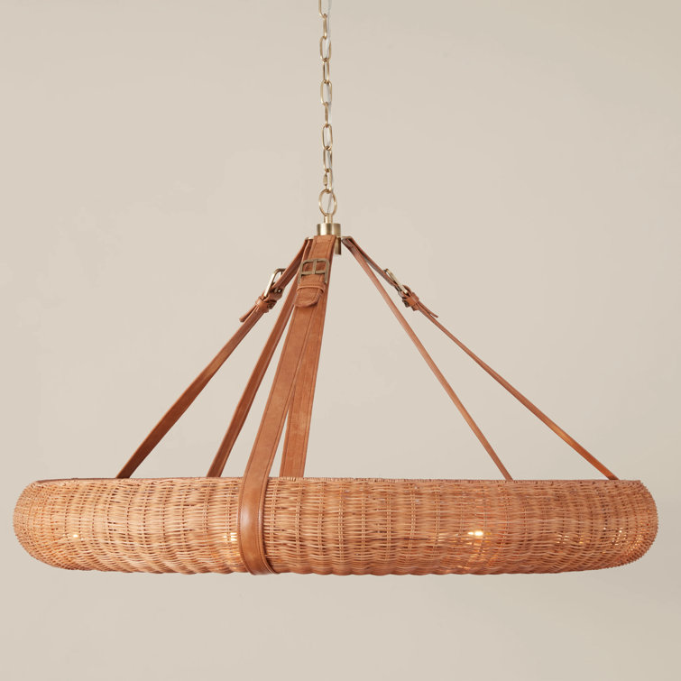 Natural Rattan and Brass Halo Chandelier with Leather Straps