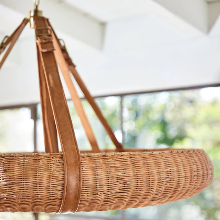 Natural Rattan and Brass Halo Chandelier with Leather Straps