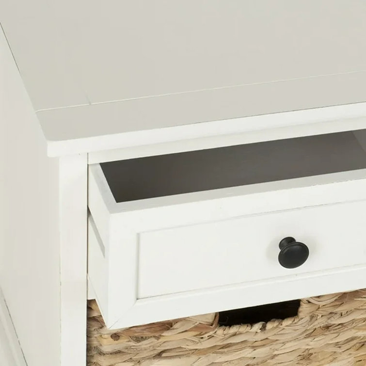 Distressed Cream Pine Storage Bench with 3 Drawers & Wicker Baskets