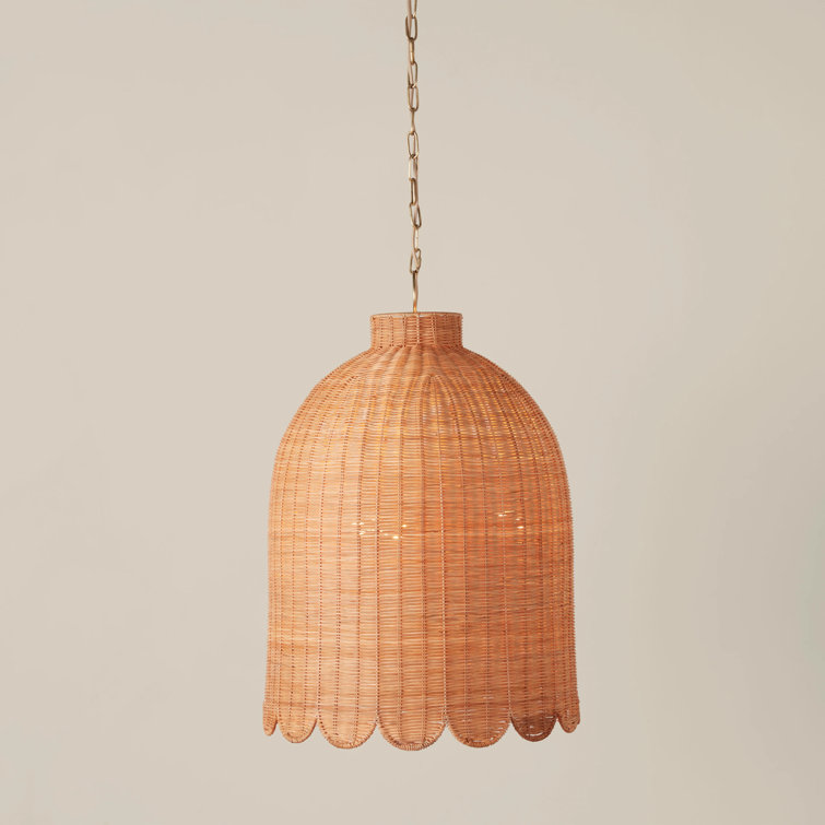 Natural Rattan Scalloped Pendant Light with Brass Chain