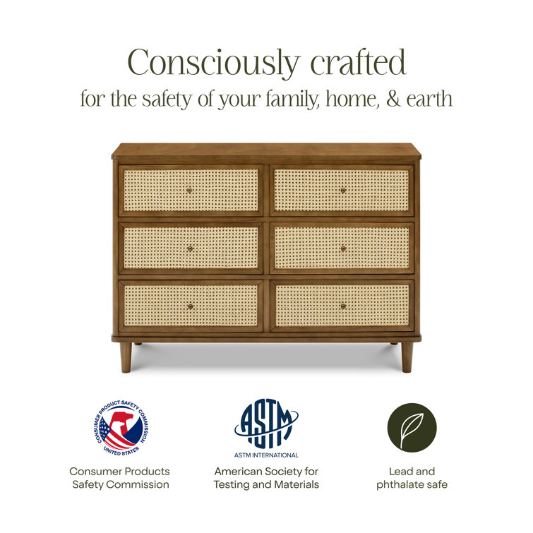 Natural Walnut and Blonde Cane 6-Drawer Dresser with Soft Close