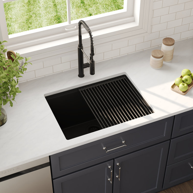 25" Black Quartz Composite Single Bowl Drop-In Kitchen Sink with Accessories