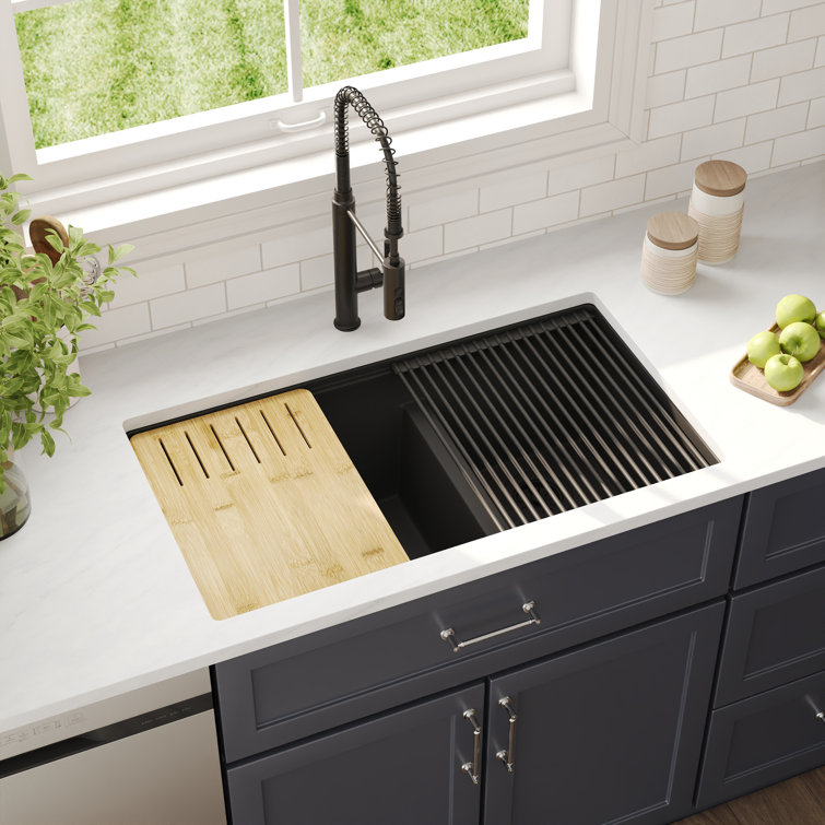Black Granite Double Bowl Drop-In Kitchen Sink with Accessories