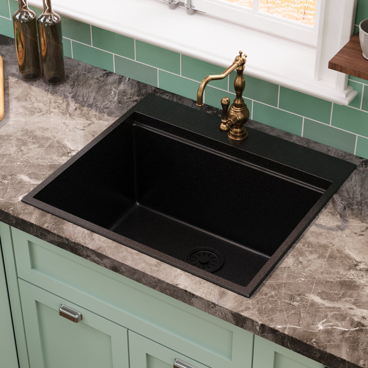 25" Black Quartz Composite Drop-In Single Bowl Kitchen Sink with Accessories