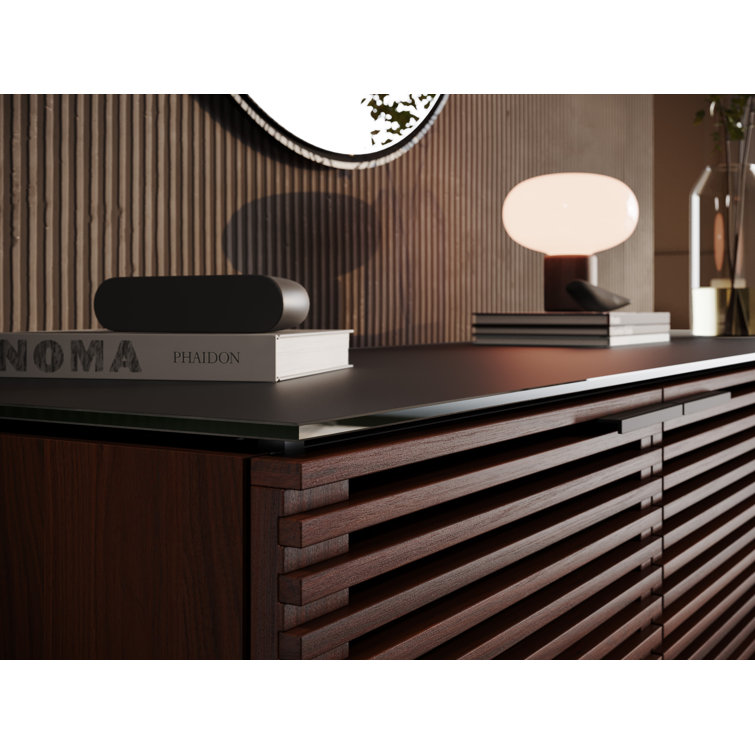 Chocolate Stained Walnut Adjustable Shelving Cabinet with Satin-Etched Glass