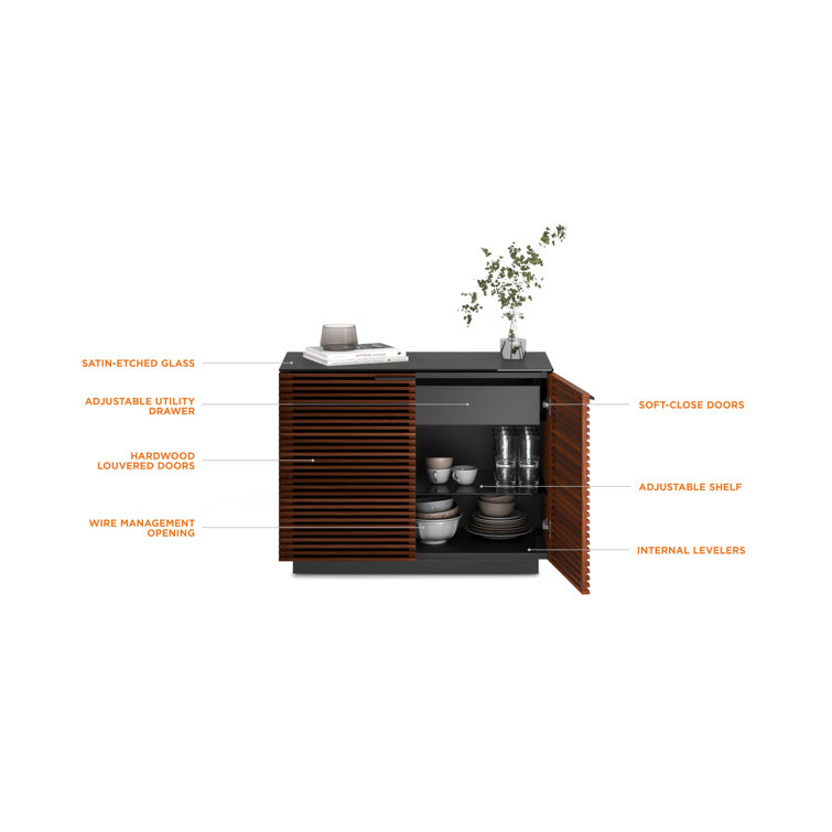 Chocolate Stained Walnut Adjustable Shelving Cabinet with Satin-Etched Glass