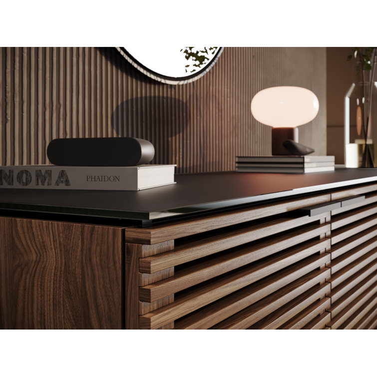 Natural Walnut and Black 79'' Sideboard with Satin Glass Shelves