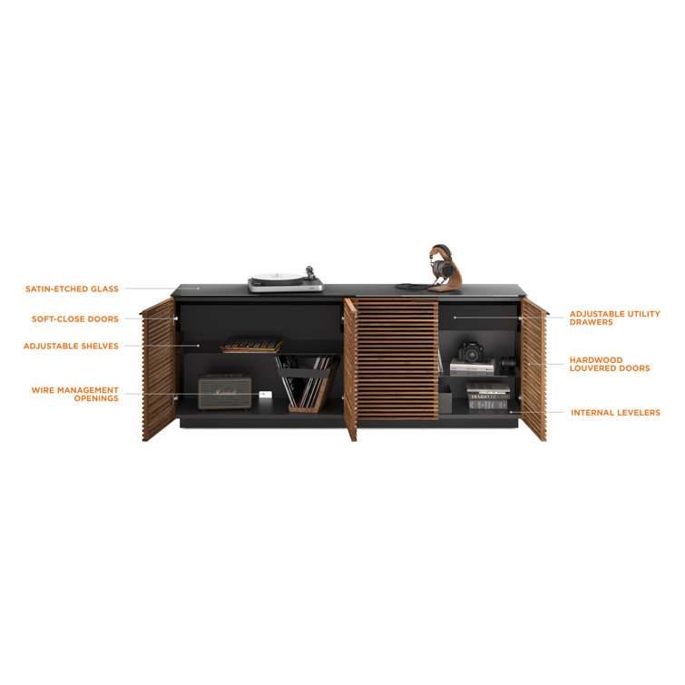 Natural Walnut and Black 79'' Sideboard with Satin Glass Shelves