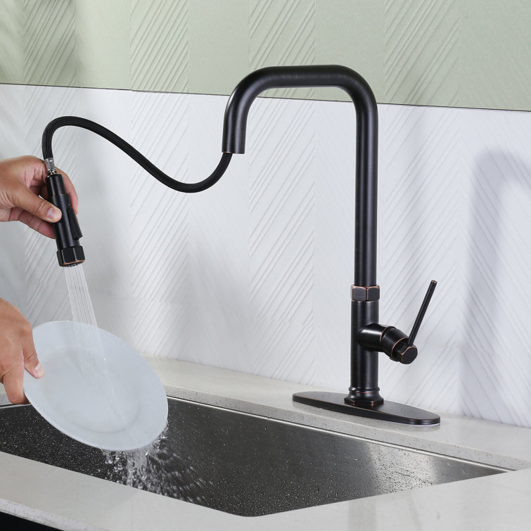 Oil Rubbed Bronze Single Handle Pull Down Kitchen Faucet with Deck Plate