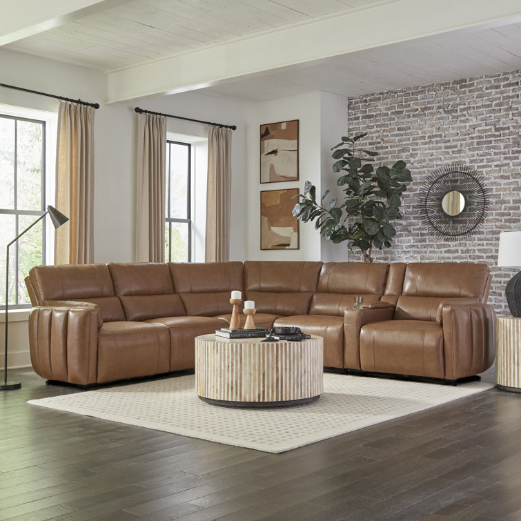 Sable Brown Leather Six-Piece Power Reclining Sectional with Cup Holder