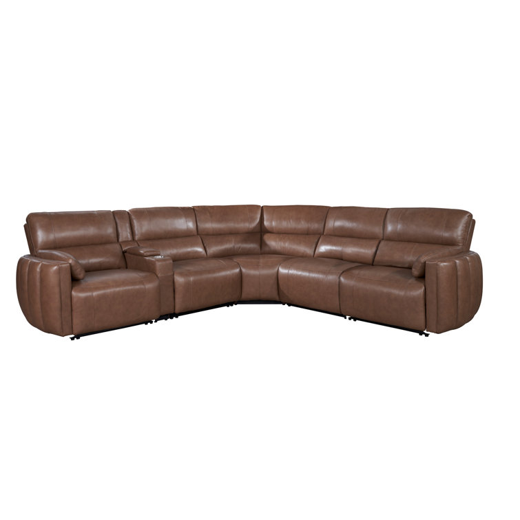 Sable Brown Leather Six-Piece Power Reclining Sectional with Cup Holder