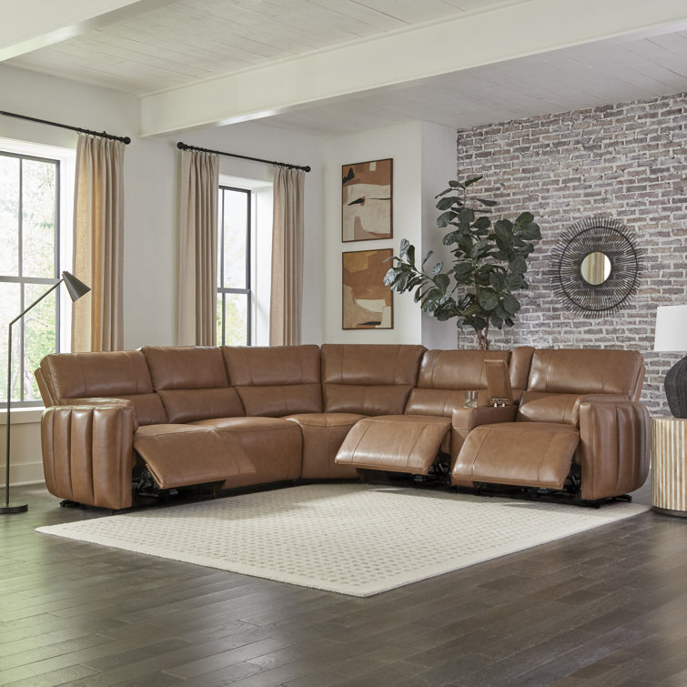 Sable Brown Leather Six-Piece Power Reclining Sectional with Cup Holder