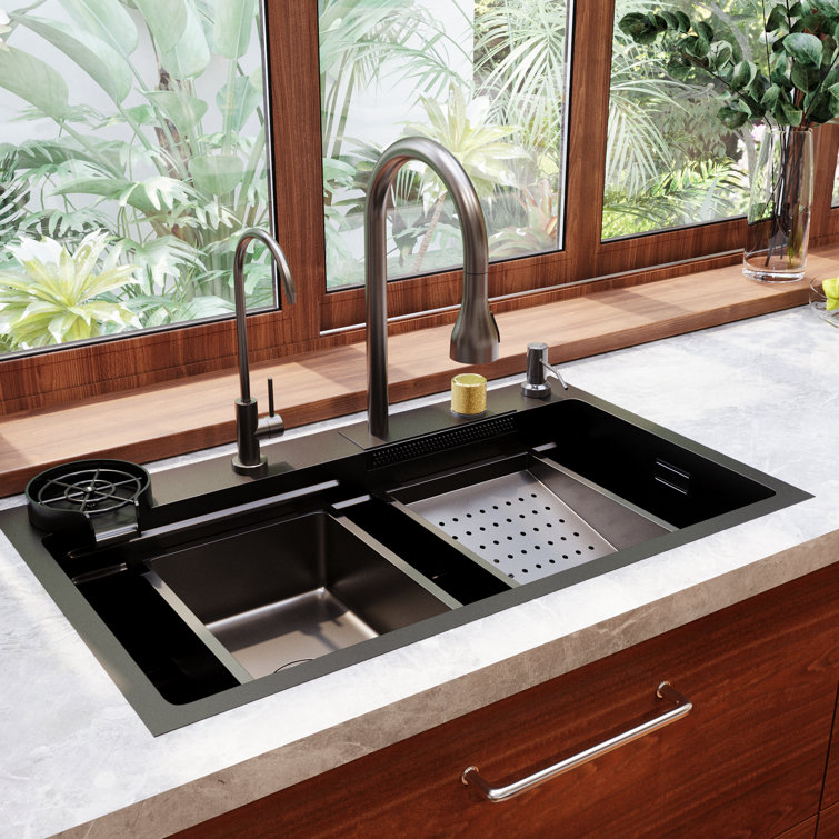 30" Black Stainless Steel Drop-In Single Bowl Kitchen Sink Workstation
