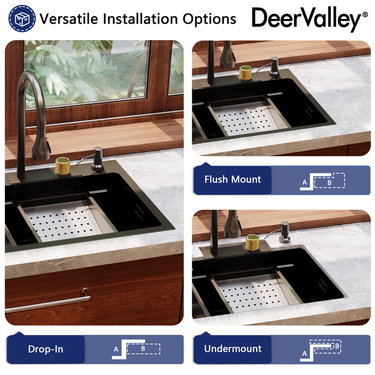 30" Black Stainless Steel Drop-In Single Bowl Kitchen Sink Workstation