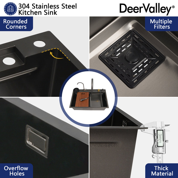 30" Black Stainless Steel Drop-In Single Bowl Kitchen Sink Workstation