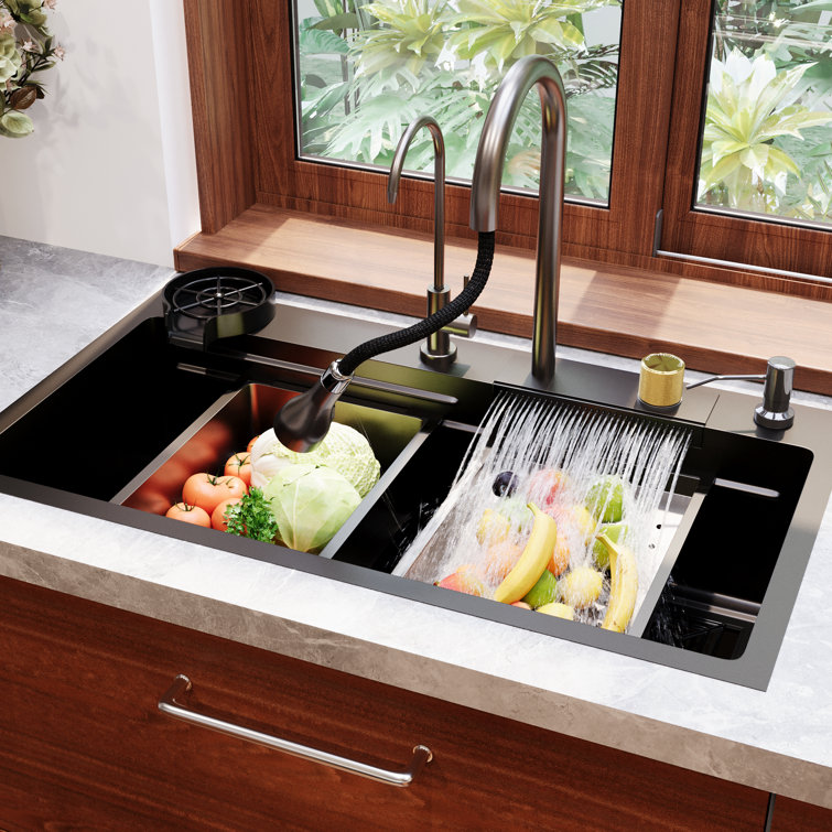 32" Black Stainless Steel Drop-In Single Bowl Kitchen Sink Workstation