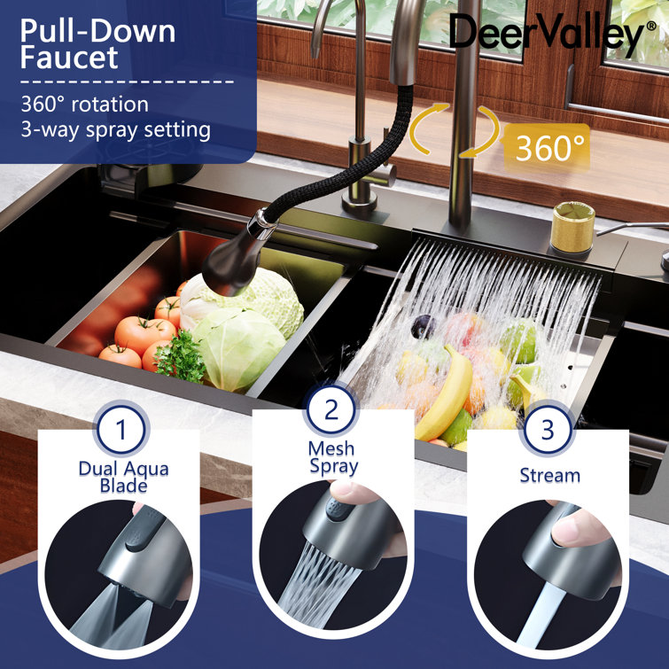 32" Black Stainless Steel Drop-In Single Bowl Kitchen Sink Workstation
