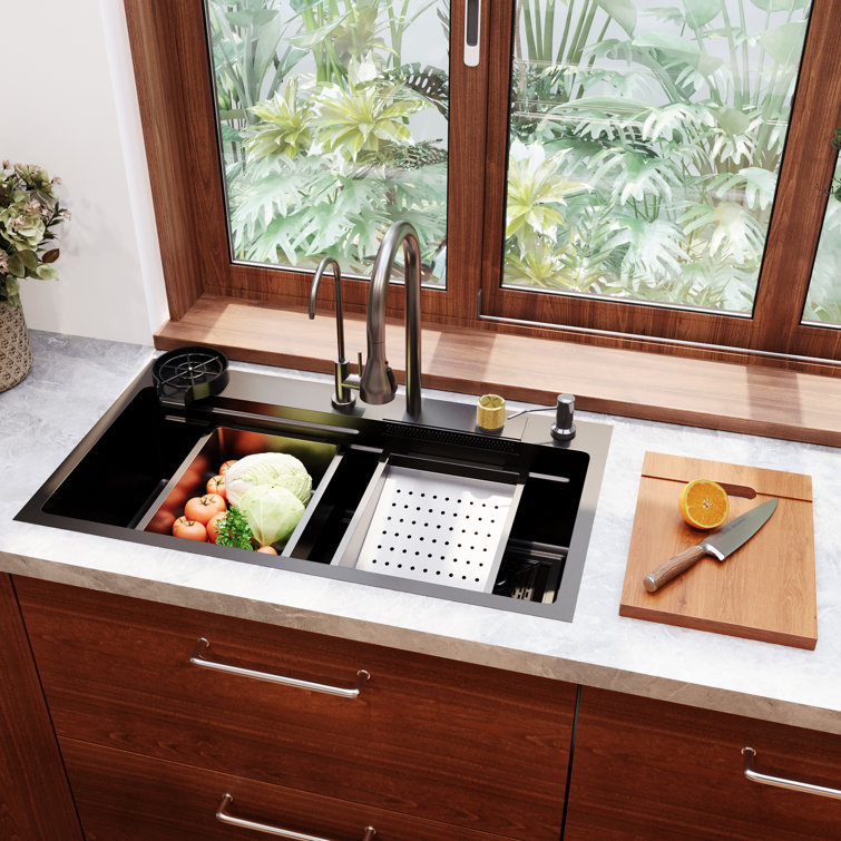 32" Black Stainless Steel Drop-In Single Bowl Kitchen Sink Workstation