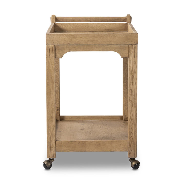 Worn Oak Wood Bar Cart with Storage and Metal Casters
