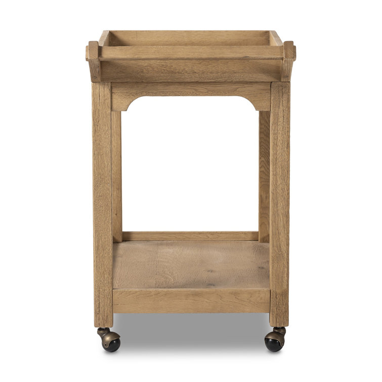 Worn Oak Wood Bar Cart with Storage and Metal Casters