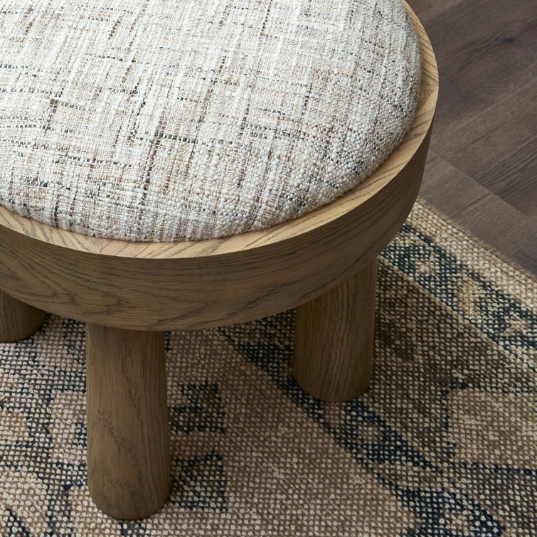 Natural Oak Veneer and Linen Upholstered Stool