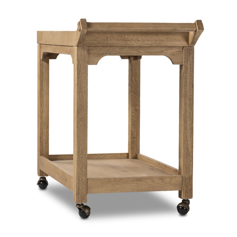 Worn Oak Wood Bar Cart with Storage and Metal Casters