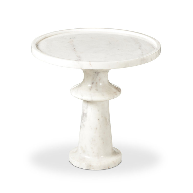 Polished White Marble and Hardwood Round End Table