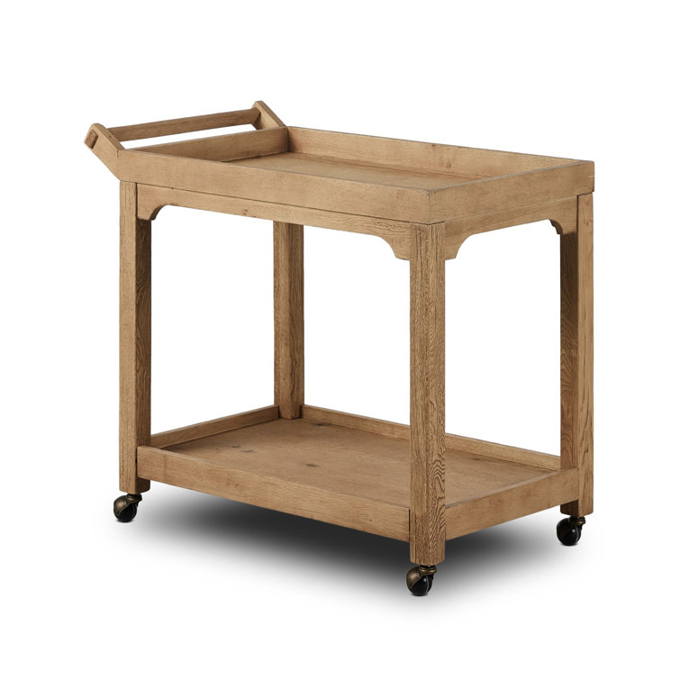 Worn Oak Wood Bar Cart with Storage and Metal Casters