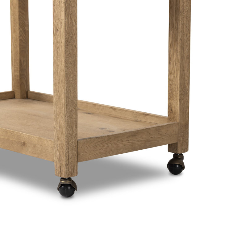 Worn Oak Wood Bar Cart with Storage and Metal Casters