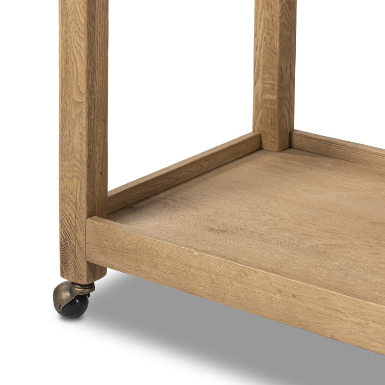 Worn Oak Wood Bar Cart with Storage and Metal Casters