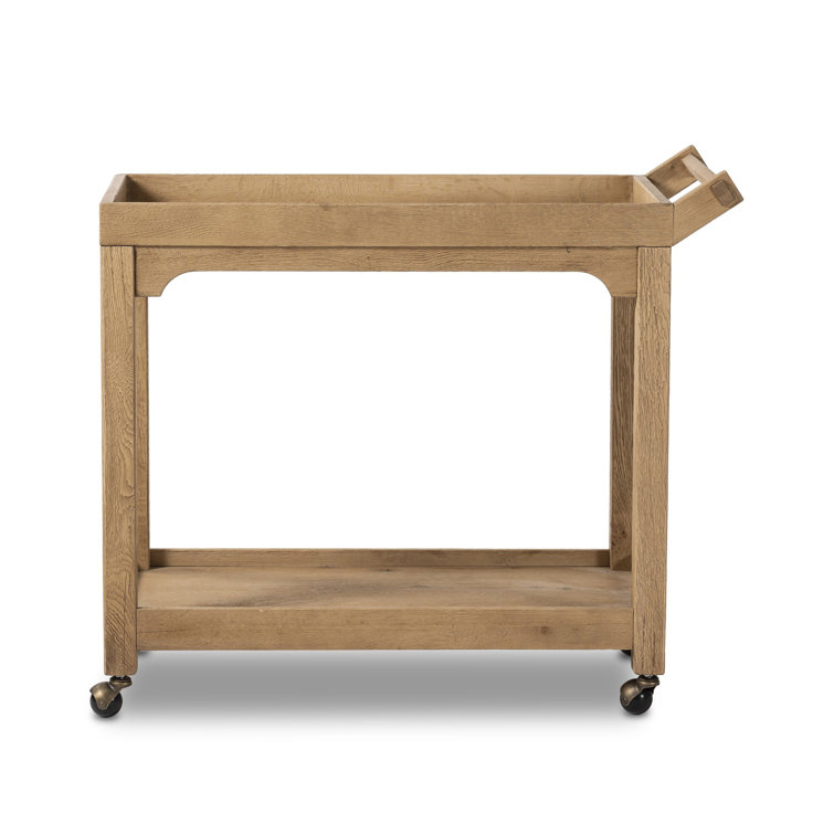 Worn Oak Wood Bar Cart with Storage and Metal Casters