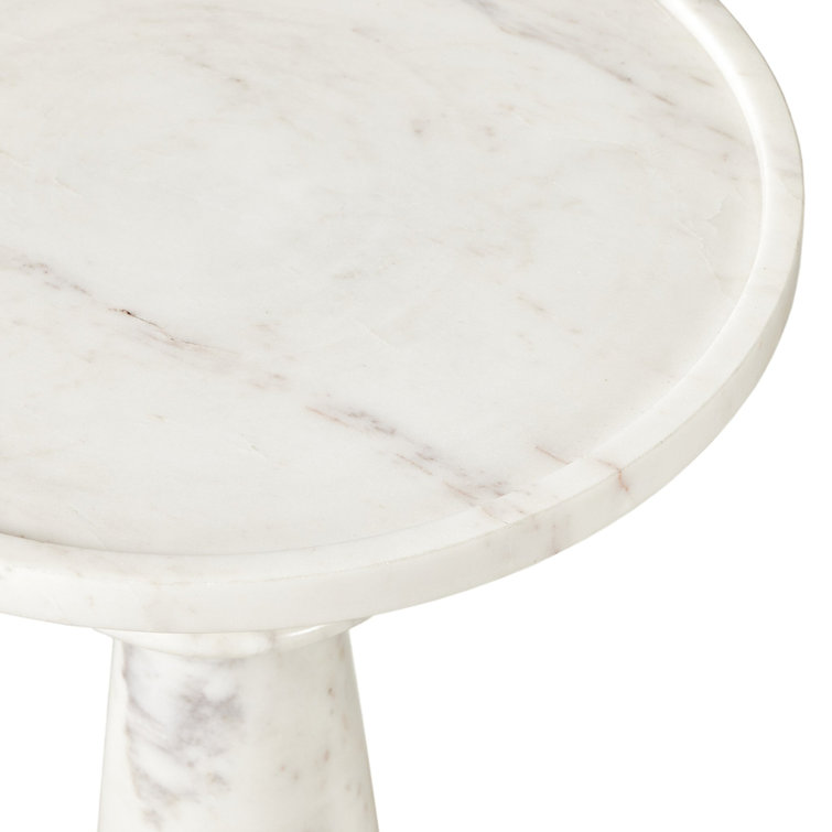 Polished White Marble and Hardwood Round End Table