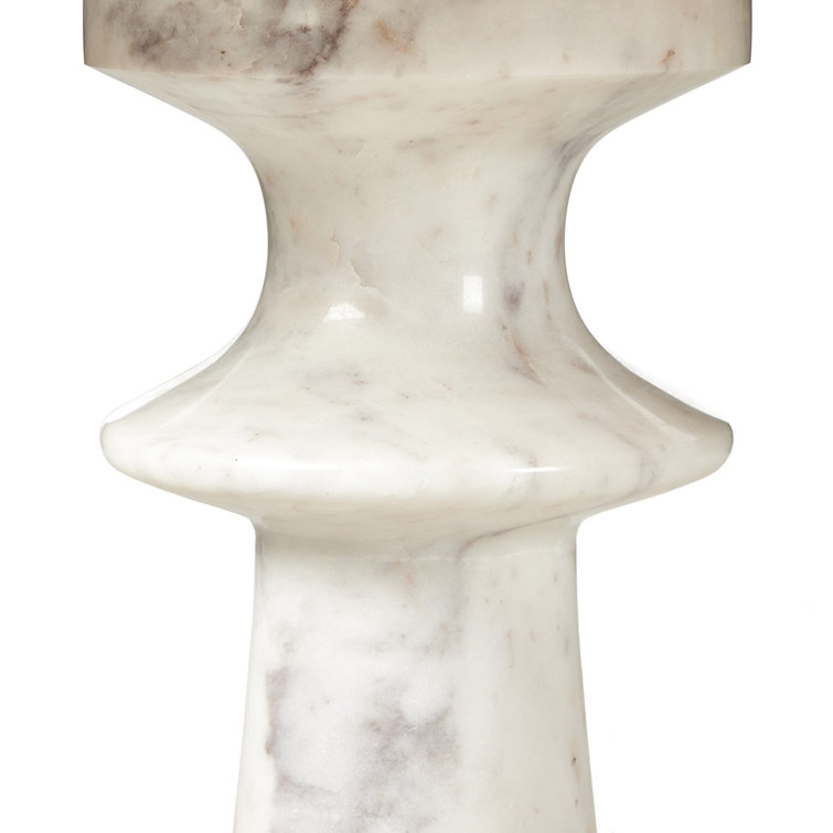 Polished White Marble and Hardwood Round End Table