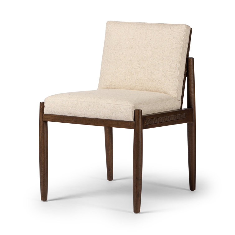 White Linen and Rattan Cane Side Chair