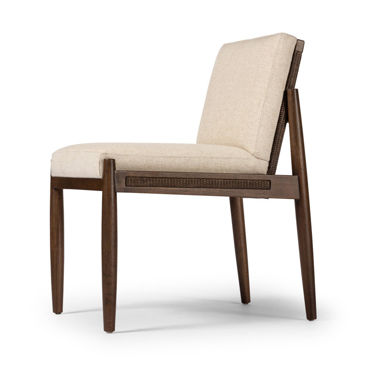 White Linen and Rattan Cane Side Chair