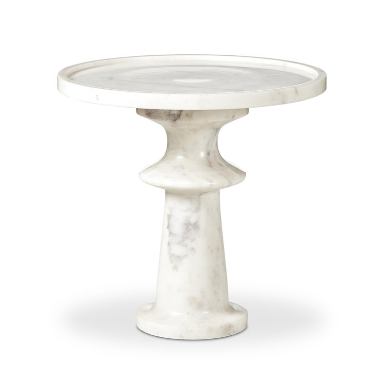 Polished White Marble and Hardwood Round End Table
