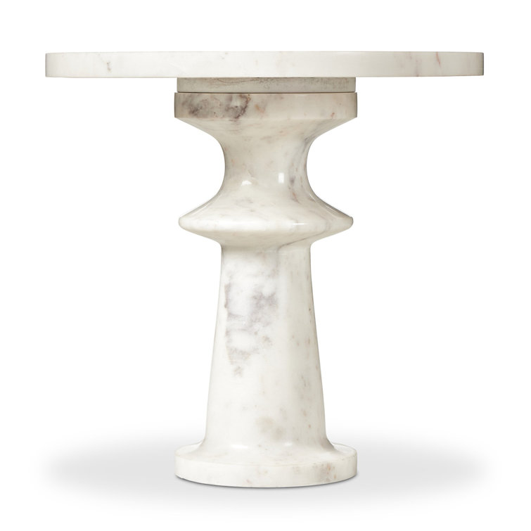 Polished White Marble and Hardwood Round End Table