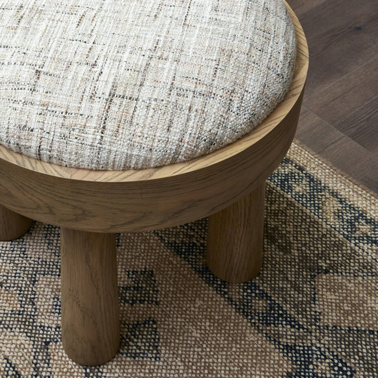 Natural Oak Veneer and Linen Upholstered Stool